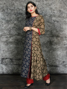 Indigo Olive Green Maroon Hand Printed Ajrakh Rayon Kurta With Front Slit- K61F1552