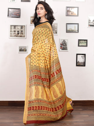 Yellow Maroon Black Bagh Printed Maheshwari Cotton Saree - S031703307