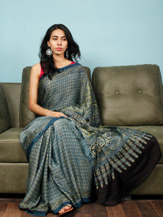 Indigo Green Black Ajrakh Hand Block Printed Modal Silk Saree in Natural Colors - S031703348