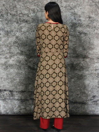 Indigo Olive Green Maroon Hand Printed Ajrakh Rayon Kurta With Front Slit- K61F1552