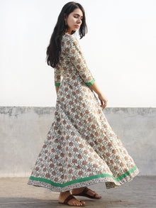 Ivory Pink Green Grey Long Front Open Hand Block Printed Cotton Dress With Lining - D149F1098