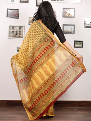 Yellow Maroon Black Bagh Printed Maheshwari Cotton Saree - S031703307