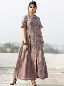 Gul Azar - Rosewood Gold Block Printed Long Dress - D383F2002