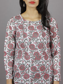 White Pink Grey Hand Block Printed Kurti With Empire Cut & Front Slit - K861601