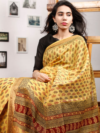 Yellow Maroon Black Bagh Printed Maheshwari Cotton Saree - S031703307
