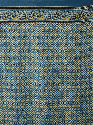 Indigo Green Black Ajrakh Hand Block Printed Modal Silk Saree in Natural Colors - S031703348
