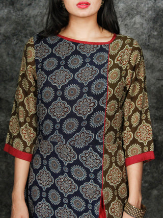 Indigo Olive Green Maroon Hand Printed Ajrakh Rayon Kurta With Front Slit- K61F1552