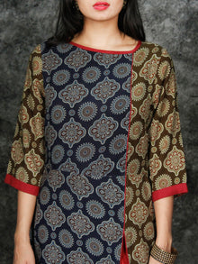 Indigo Olive Green Maroon Hand Printed Ajrakh Rayon Kurta With Front Slit- K61F1552
