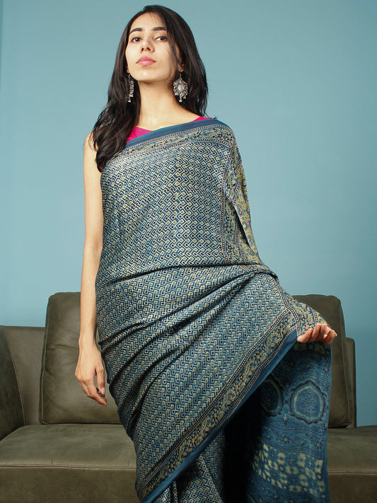 Indigo Green Black Ajrakh Hand Block Printed Modal Silk Saree in Natural Colors - S031703348