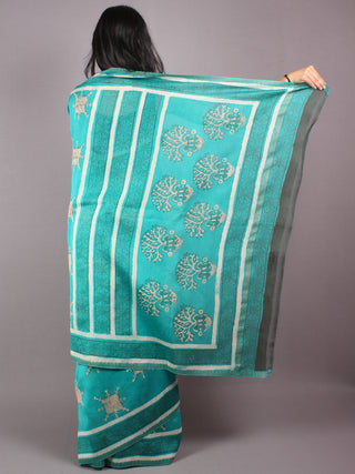 Mint Green Bagru Hand Block Printed Chanderi Saree With Geecha Border - S03170293