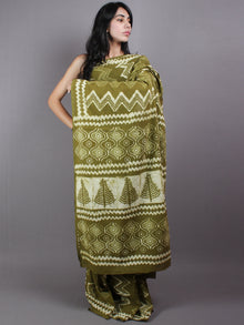 Olive Green White Hand Block Printed in Natural Colors Cotton Mul Saree - S03170420