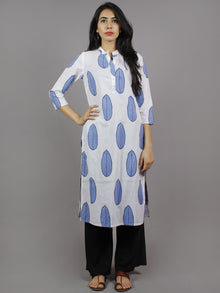 White Steel Blue Hand Block Printed Kurti With Side Slit & Stand Collar- K961801