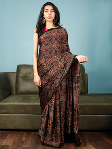 Black Maroon Beige Blue Ajrakh Hand Block Printed Modal Silk Saree in Natural Colors - S031703349