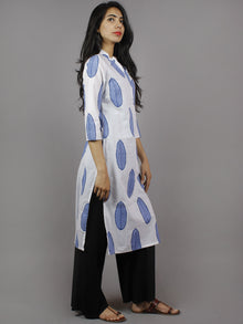 White Steel Blue Hand Block Printed Kurti With Side Slit & Stand Collar- K961801