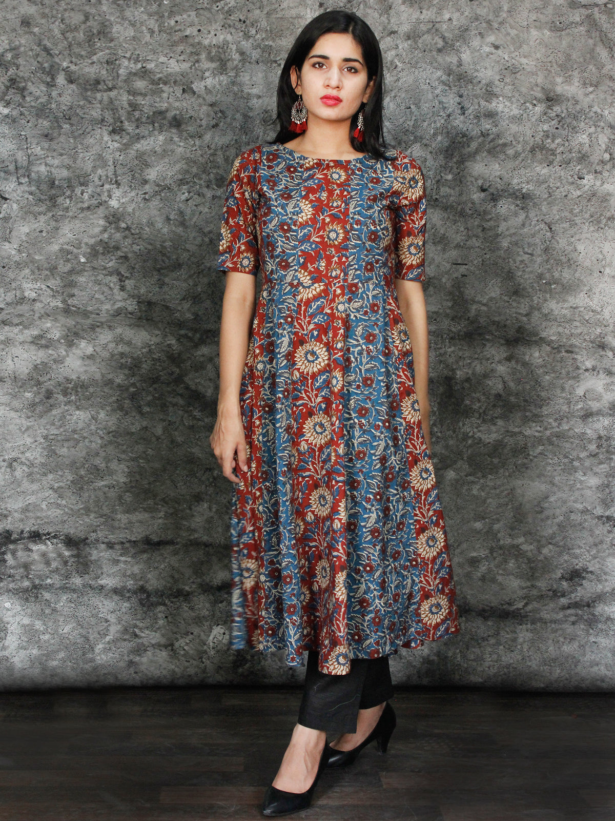 Maroon Indigo White Hand Block Printed Kurta With Kalis - K97F1482