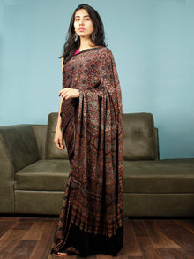 Black Maroon Beige Blue Ajrakh Hand Block Printed Modal Silk Saree in Natural Colors - S031703349