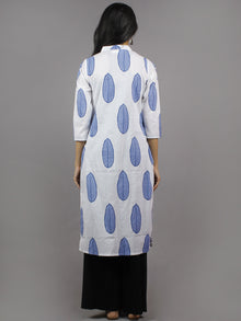 White Steel Blue Hand Block Printed Kurti With Side Slit & Stand Collar- K961801