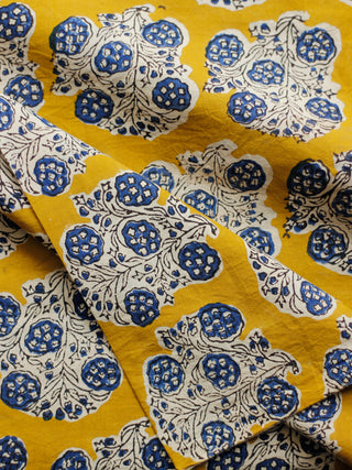 Mustard Ivory Indigo Hand Block Printed Cotton Fabric Per Meter - F001F1815