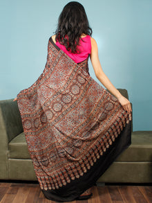 Black Maroon Beige Blue Ajrakh Hand Block Printed Modal Silk Saree in Natural Colors - S031703349