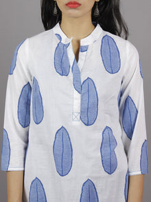 White Steel Blue Hand Block Printed Kurti With Side Slit & Stand Collar- K961801