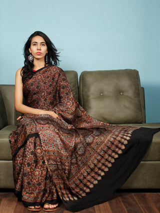 Black Maroon Beige Blue Ajrakh Hand Block Printed Modal Silk Saree in Natural Colors - S031703349