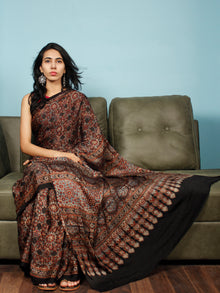 Black Maroon Beige Blue Ajrakh Hand Block Printed Modal Silk Saree in Natural Colors - S031703349