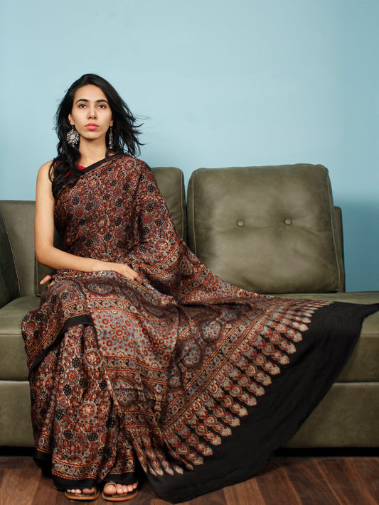 Black Maroon Beige Blue Ajrakh Hand Block Printed Modal Silk Saree in Natural Colors - S031703349