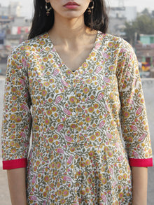 Ivory Mustard Pink Green Long Front Open Hand Block Cotton Dress With Lining - D149F1090