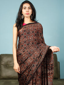 Black Maroon Beige Blue Ajrakh Hand Block Printed Modal Silk Saree in Natural Colors - S031703349