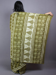 Olive Green White Hand Block Printed in Natural Colors Cotton Mul Saree - S03170420