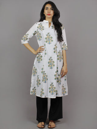White Grey Blue Yellow Hand Block Printed Kurti With Princess Line & Stand Collar- K962001