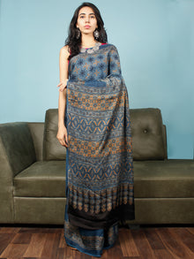Indigo Rust Black Ajrakh Hand Block Printed Modal Silk Saree in Natural Colors - S031703350