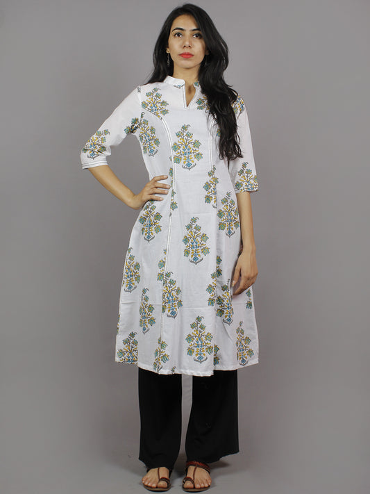 White Grey Blue Yellow Hand Block Printed Kurti With Princess Line & Stand Collar- K962001