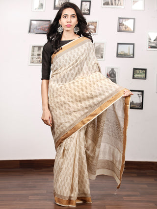 Beige Mustard Bagh Printed Maheshwari Cotton Saree - S031703309
