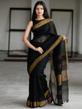 Black Antique Gold Handwoven Linen Saree With Zari Border - S031703740