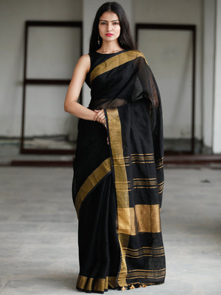 Black Antique Gold Handwoven Linen Saree With Zari Border - S031703740