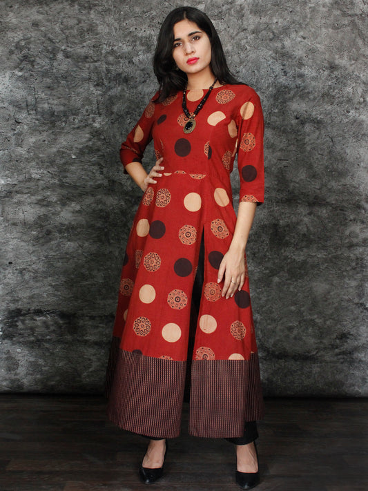 Rust Black Beige Hand Printed Ajrakh Cotton Long Kurta With Front Slit - K60F1544