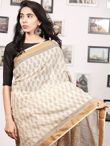 Beige Mustard Bagh Printed Maheshwari Cotton Saree - S031703309