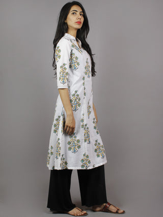 White Grey Blue Yellow Hand Block Printed Kurti With Princess Line & Stand Collar- K962001