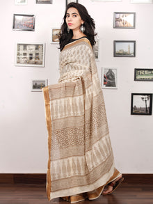 Beige Mustard Bagh Printed Maheshwari Cotton Saree - S031703309