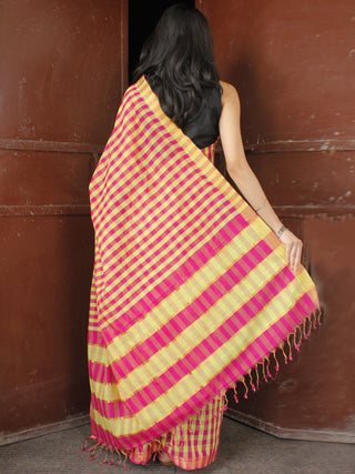 Pink Yellow Handloom Mangalagiri Cotton Saree With Zari Border - S031703684