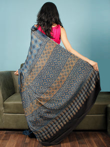 Indigo Rust Black Ajrakh Hand Block Printed Modal Silk Saree in Natural Colors - S031703350