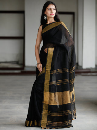Black Antique Gold Handwoven Linen Saree With Zari Border - S031703740