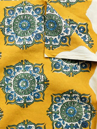 Mustard Ivory Teal Blue Green Hand Block Printed Cotton Fabric Per Meter - F001F1814