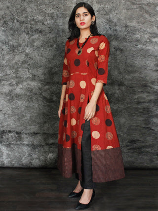 Rust Black Beige Hand Printed Ajrakh Cotton Long Kurta With Front Slit - K60F1544