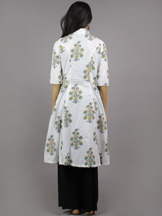 White Grey Blue Yellow Hand Block Printed Kurti With Princess Line & Stand Collar- K962001