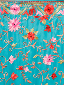 Teal Green Lavender Maroon Aari Embroidered Crepe Silk Saree From Kashmir  - S031703058