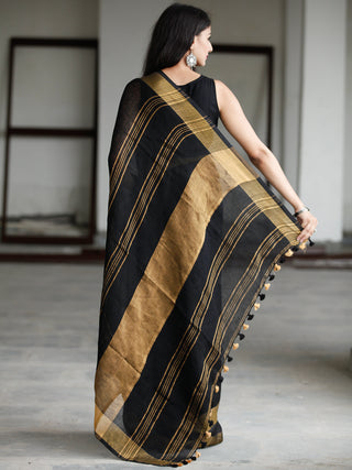 Black Antique Gold Handwoven Linen Saree With Zari Border - S031703740