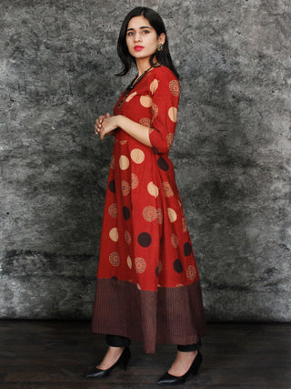 Rust Black Beige Hand Printed Ajrakh Cotton Long Kurta With Front Slit - K60F1544