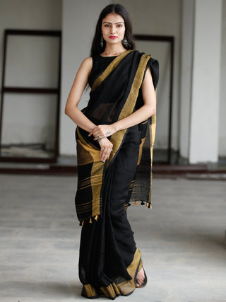 Black Antique Gold Handwoven Linen Saree With Zari Border - S031703740